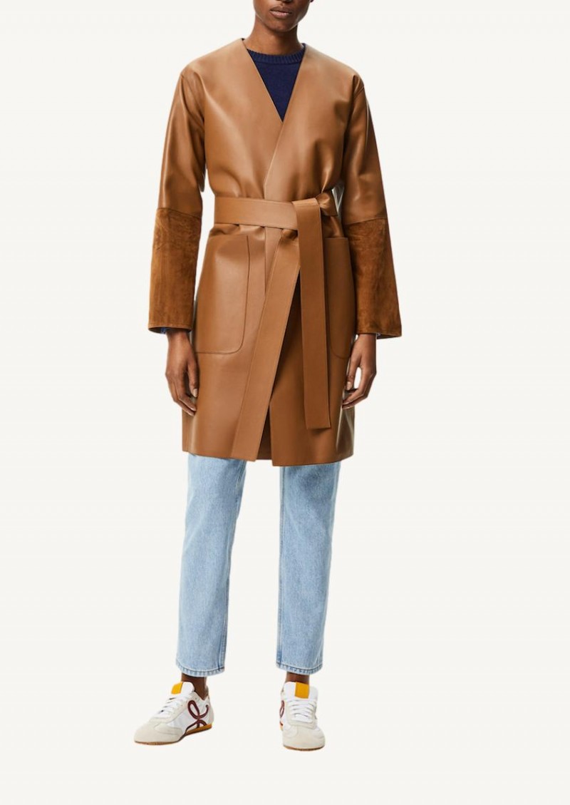 long brown belted coat