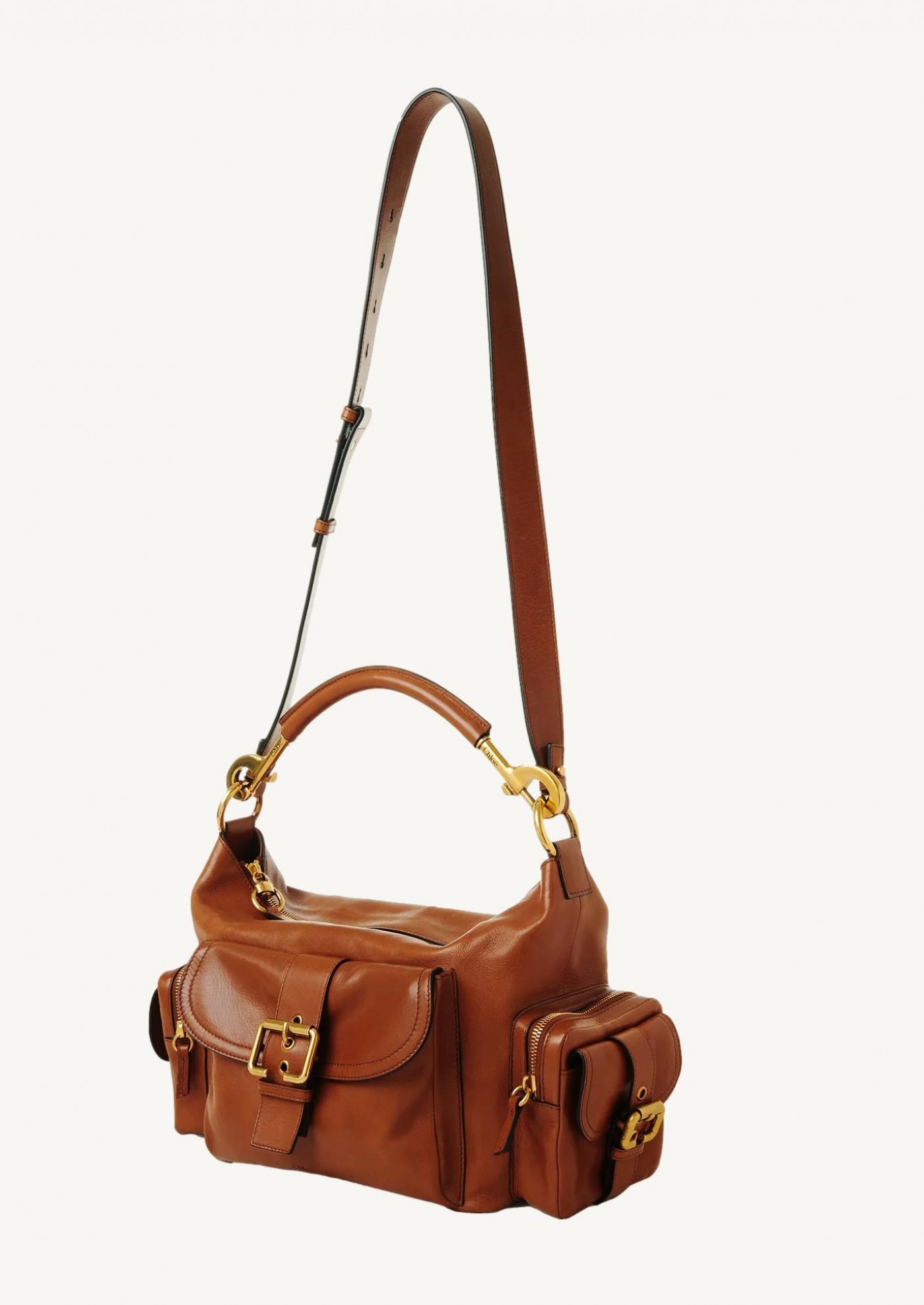 Camera bag in glossy brown clay leather