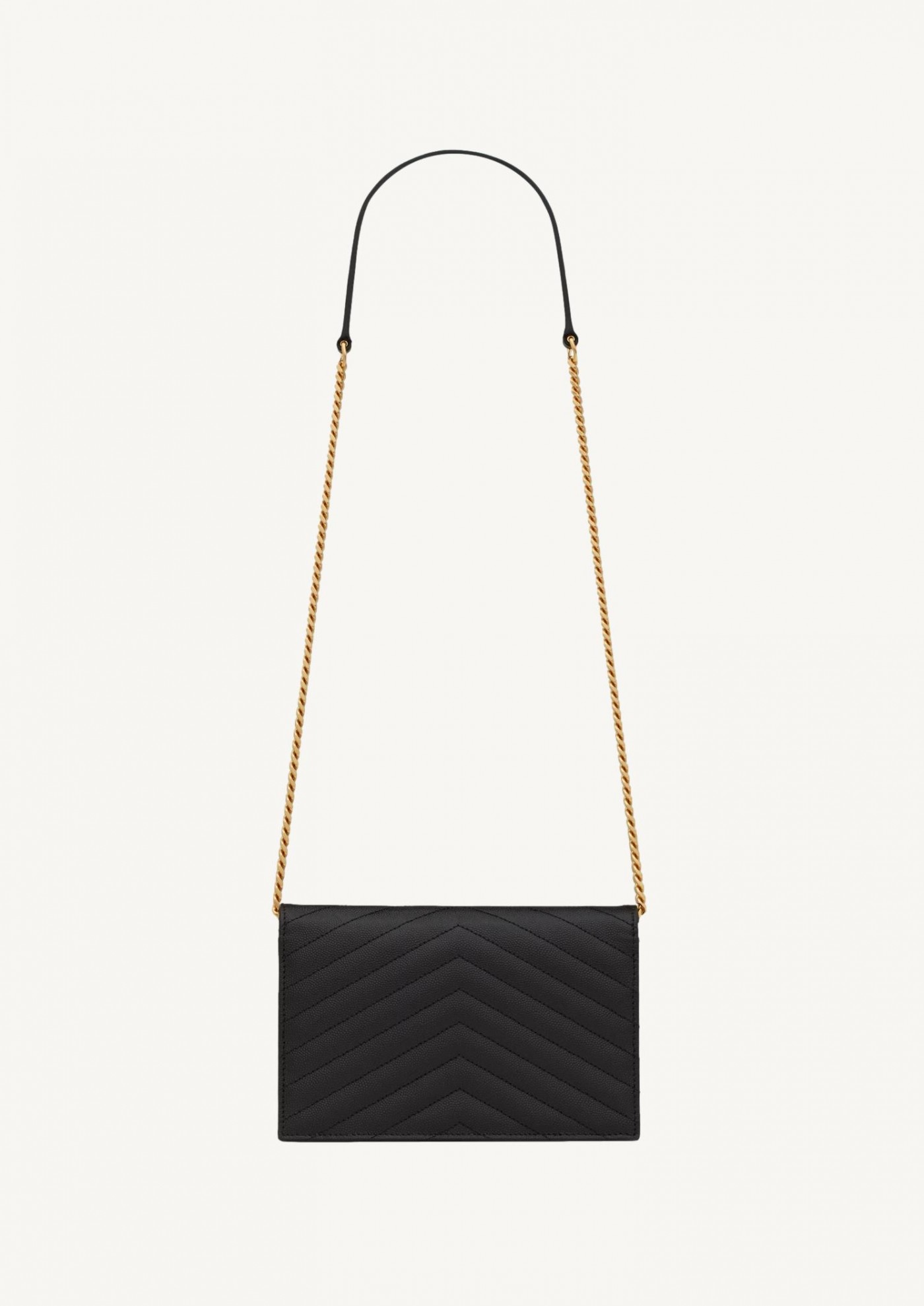 Cassandre envelope chain wallet in black powder grain leather