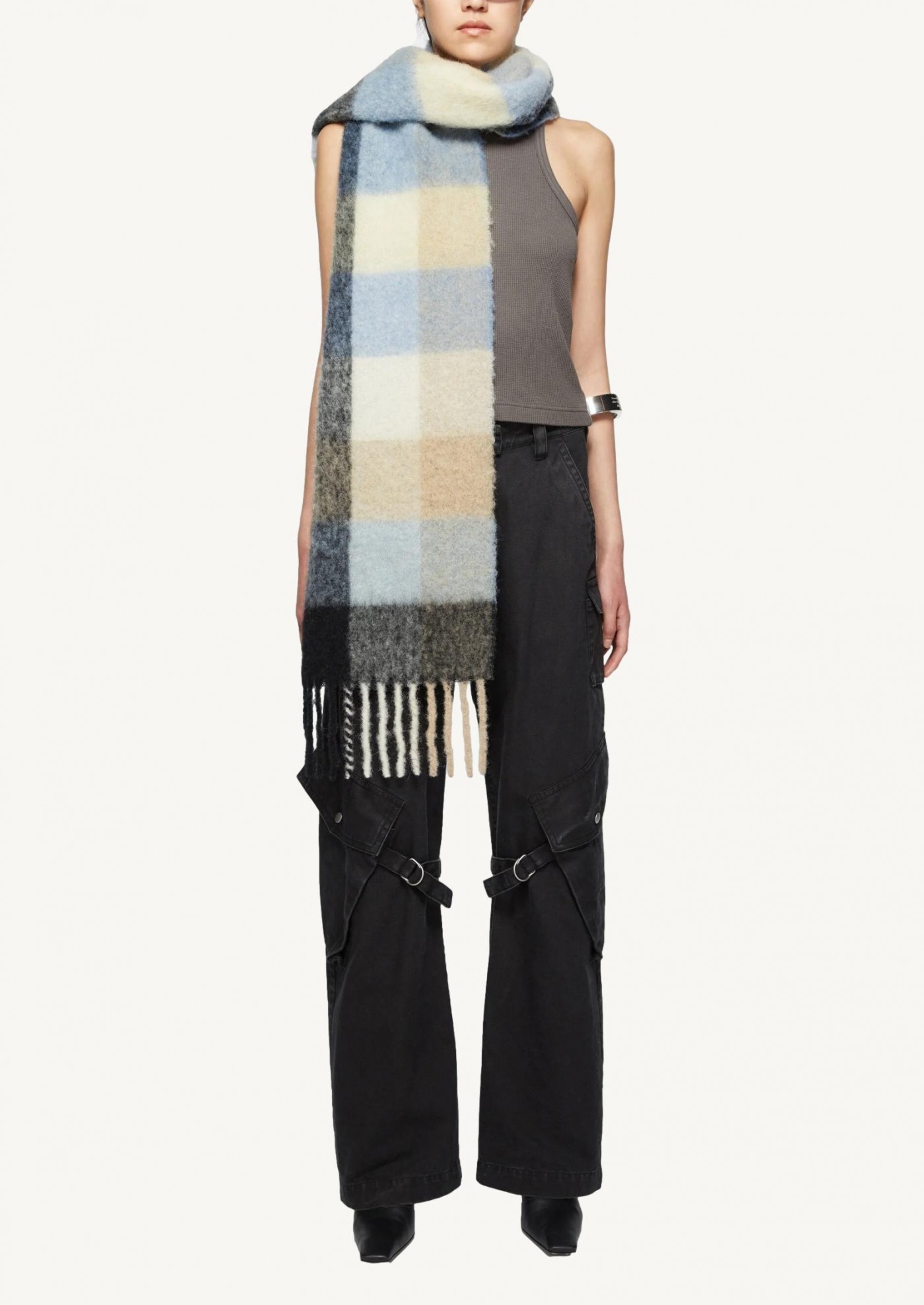 Blue/beige/black mohair plaid scarf