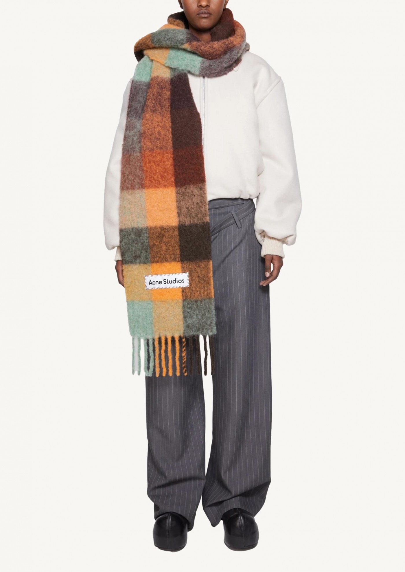 Chestnut brown/yellow/green mohair plaid scarf