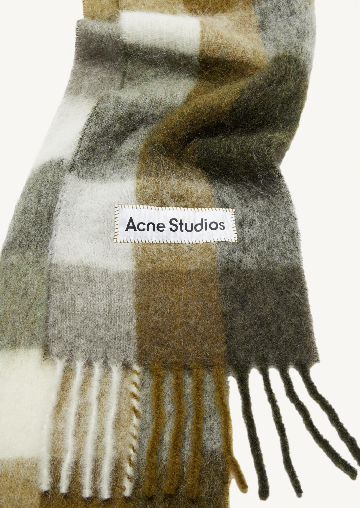 Taupe/green/black mohair plaid scarf