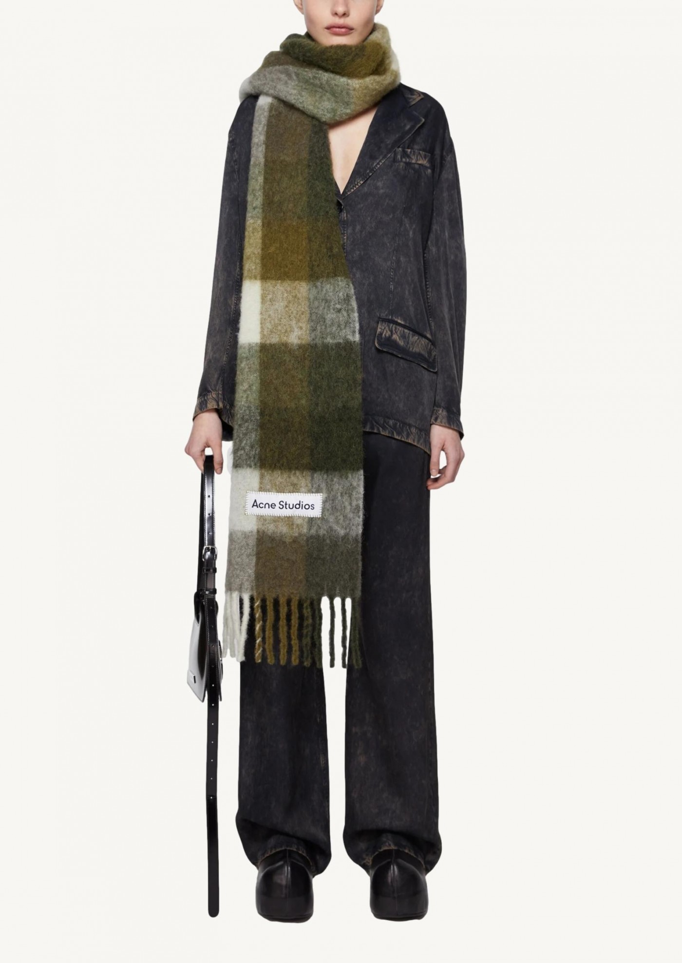 Taupe/green/black mohair plaid scarf