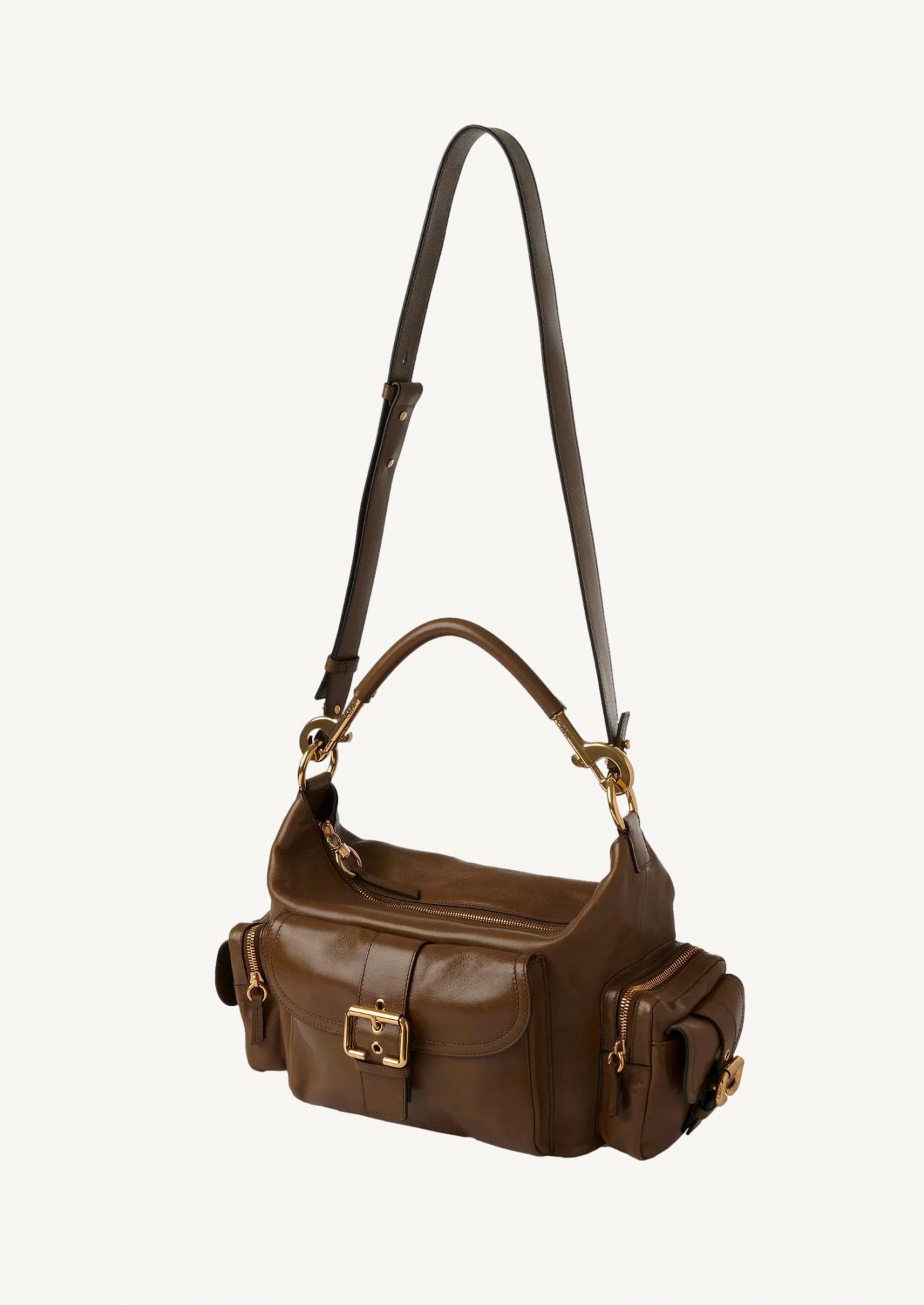 Camera bag in shiny khaki leather