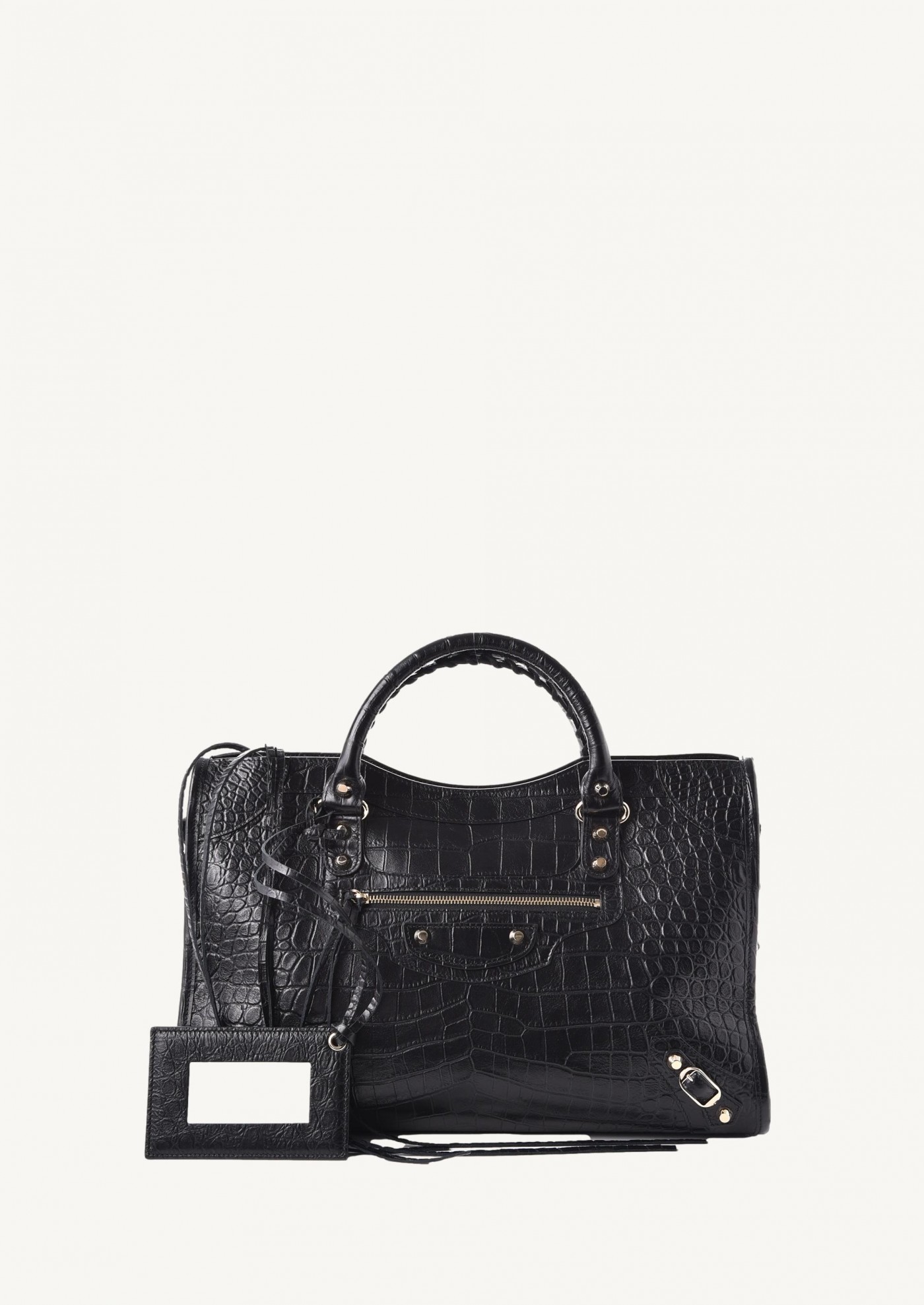 Sac le City moyen modele Balenciaga en cuir effet croco noir et or