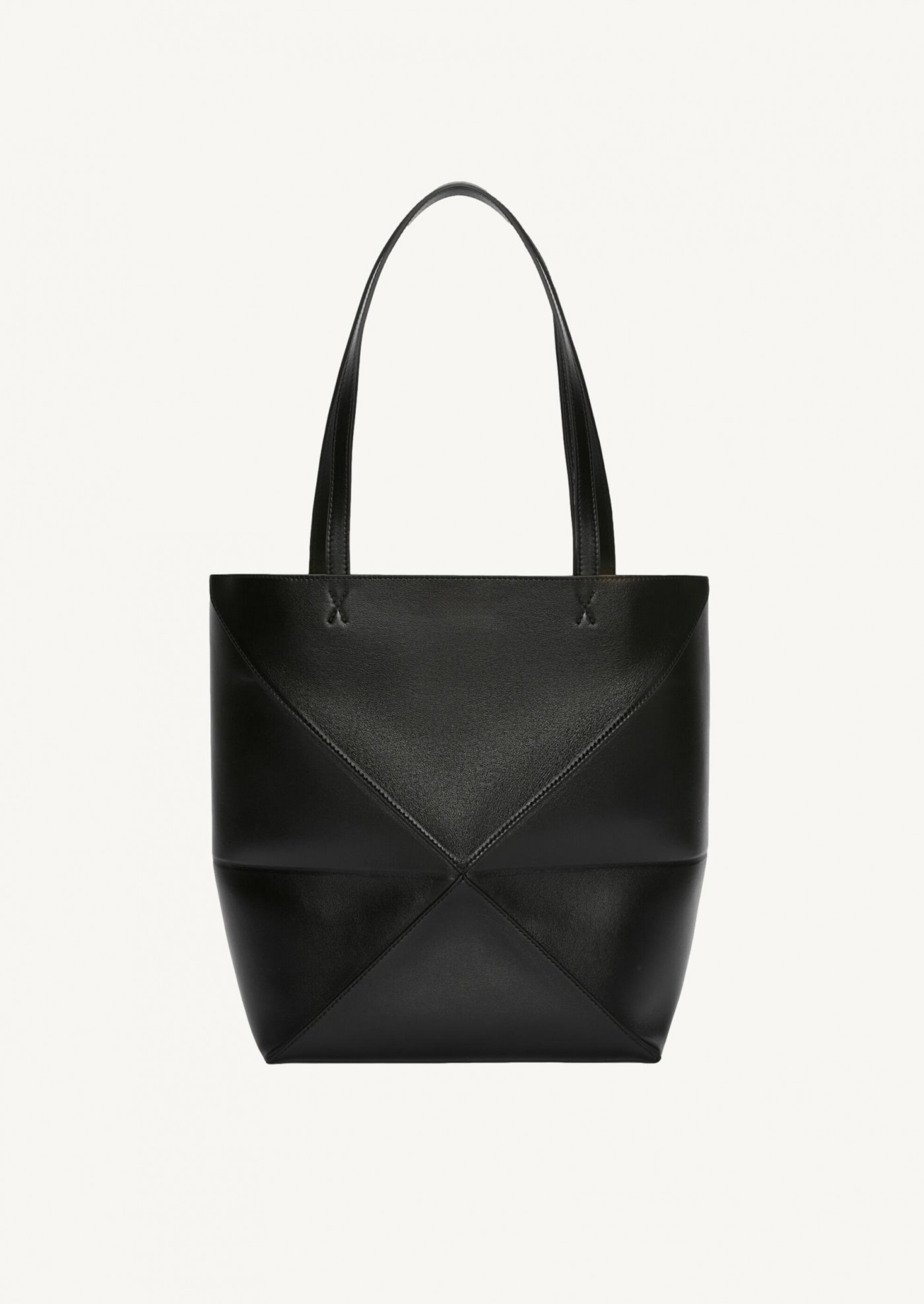 Puzzle fold tote moyen en cuir de veau brillant noir