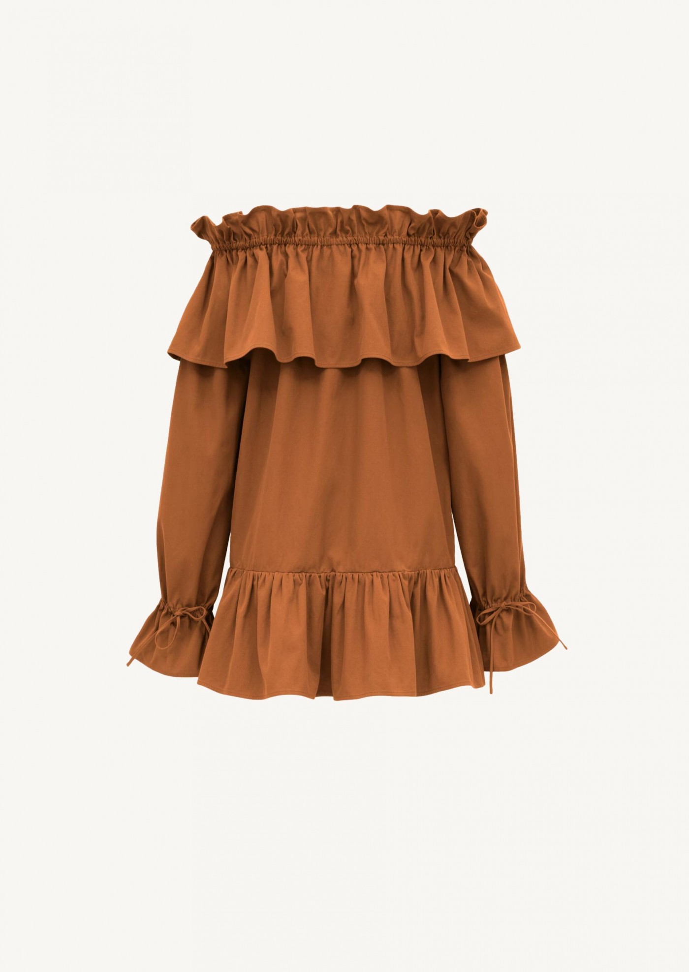 Ruffled dress in caramel cotton twill