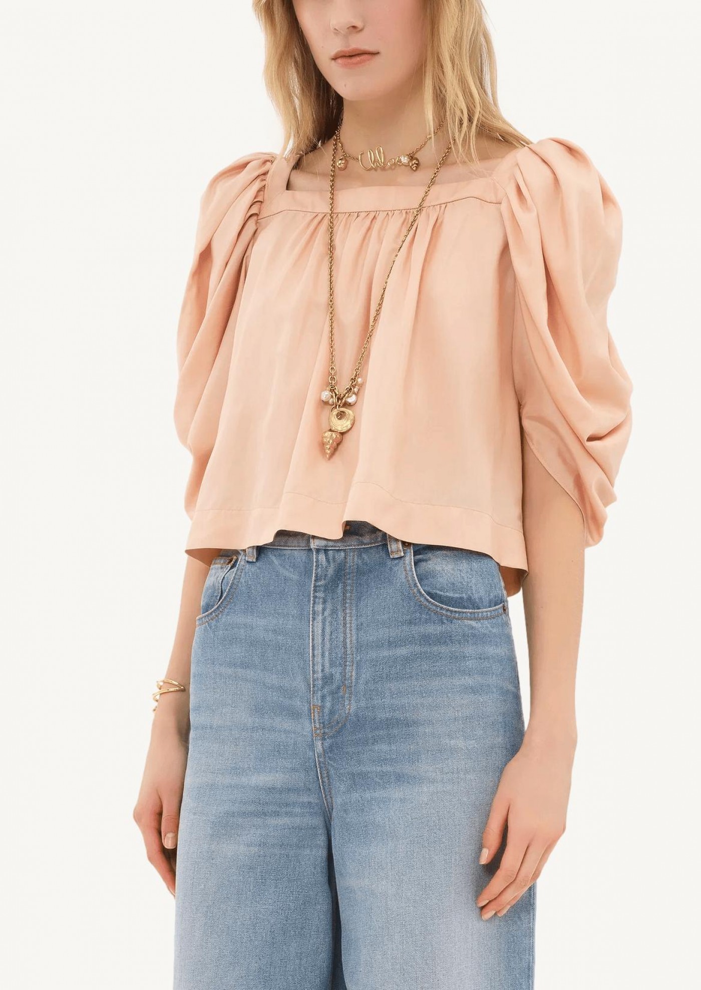 Biscuit pink pleated puff-sleeve top